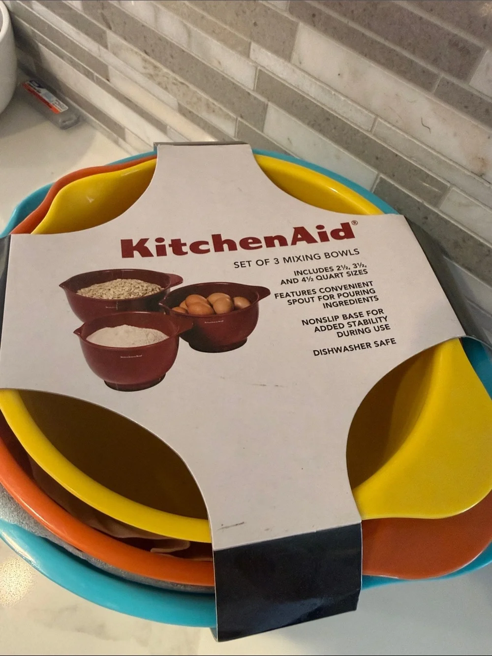 Kitchenaid set of 3 mixing bowls non slip new turquoise orange yellow color